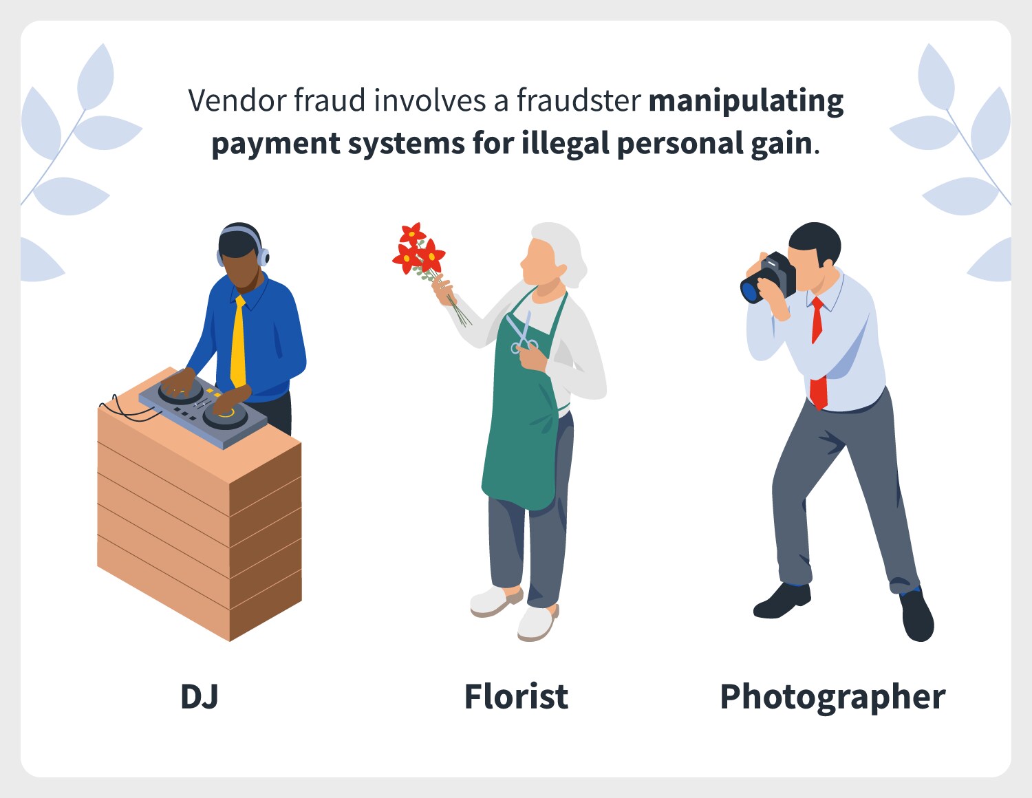 A black person DJing music, an older florist woman creating bouquets and a white male taking photos indicating that these potential vendors could commit vendor fraud at a wedding