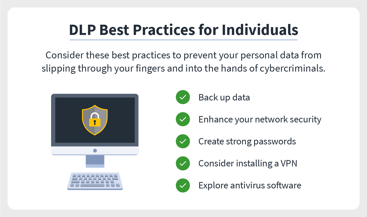 An illustration accompanies data loss prevention best practices for individuals to follow to protect their networks.