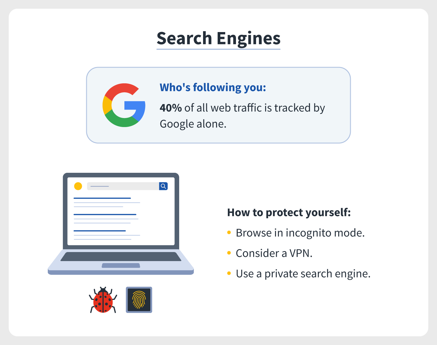 an explanation of how search engines like Google use internet tracking, plus tips for how to not be tracked online