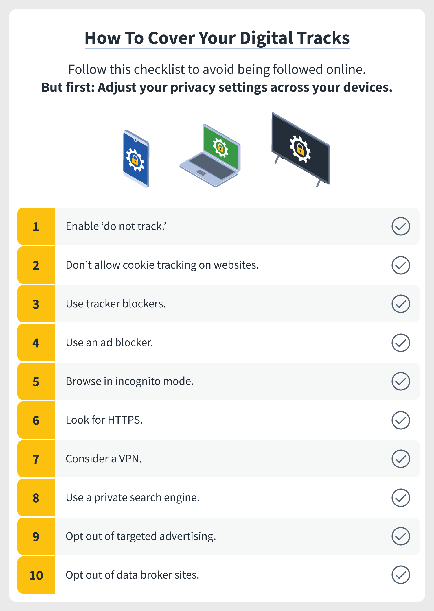 a checklist includes 10 tips for how to not be tracked online, including adjusting your privacy settings to stop internet tracking across your devices