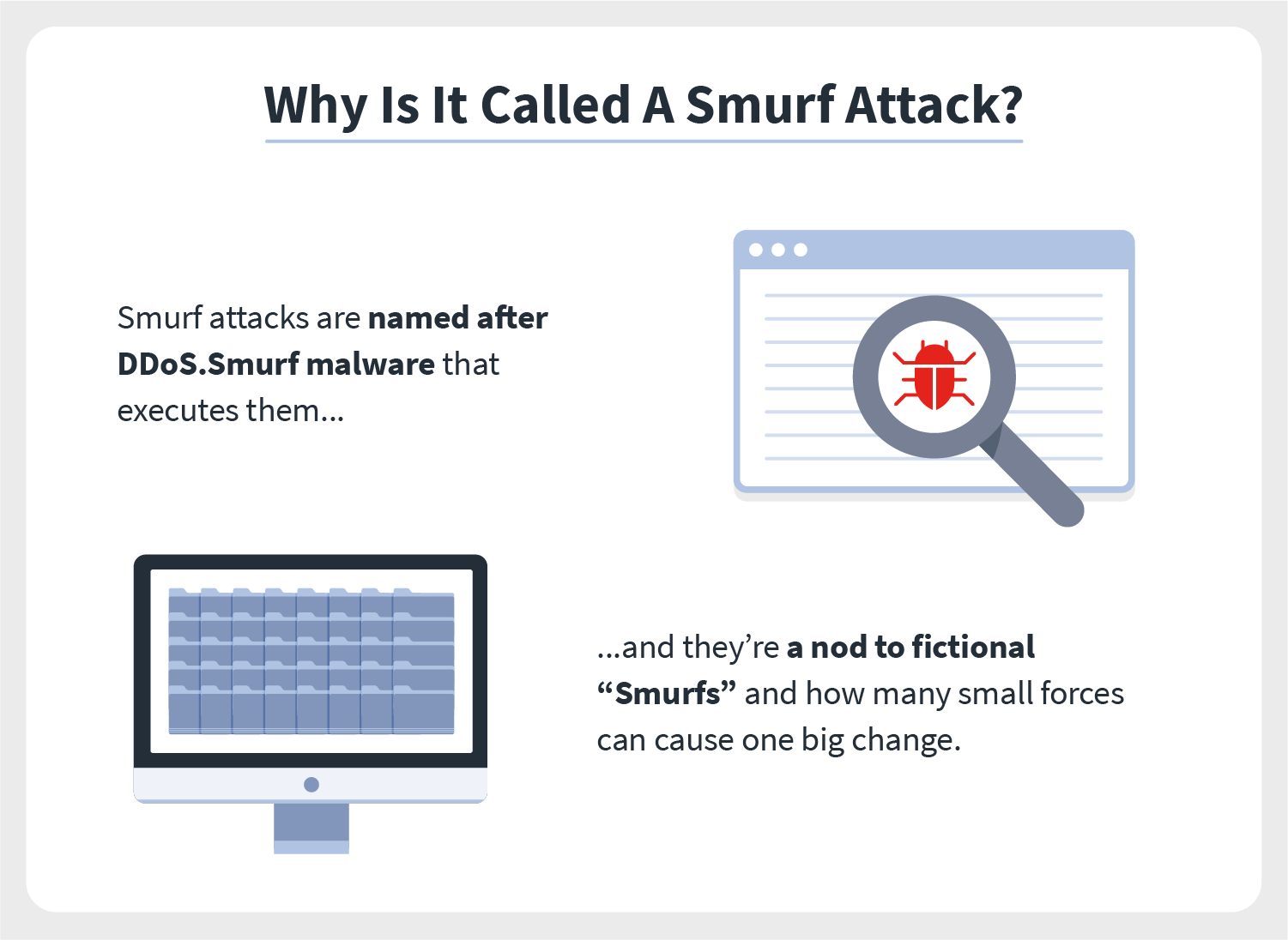 a magnifying glass hovers over a bug on a computer screen, indicating a type of malware has been identified and it could be a smurf attack
