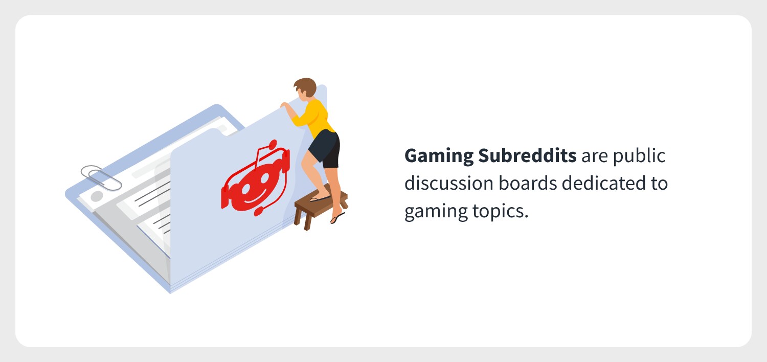 a Reddit logo is accompanied by a definition of gaming Subreddits