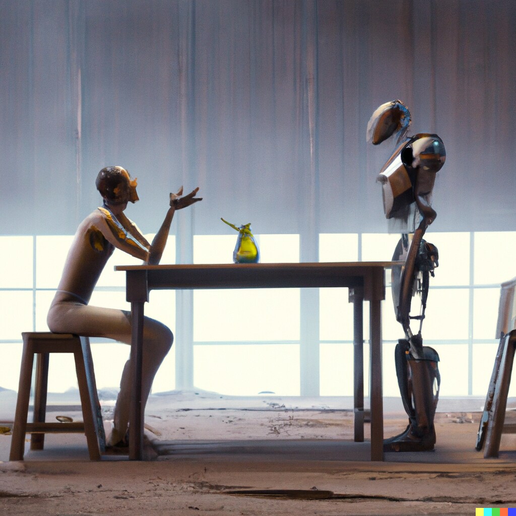 This AI generated image shows two robots sitting at a table having a conversation. 
