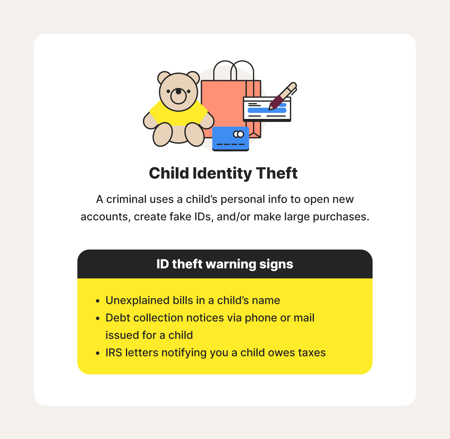 An illustration and definition of child identity theft ccompanies ID theft warning signs to help you know how to prevent identity theft. 