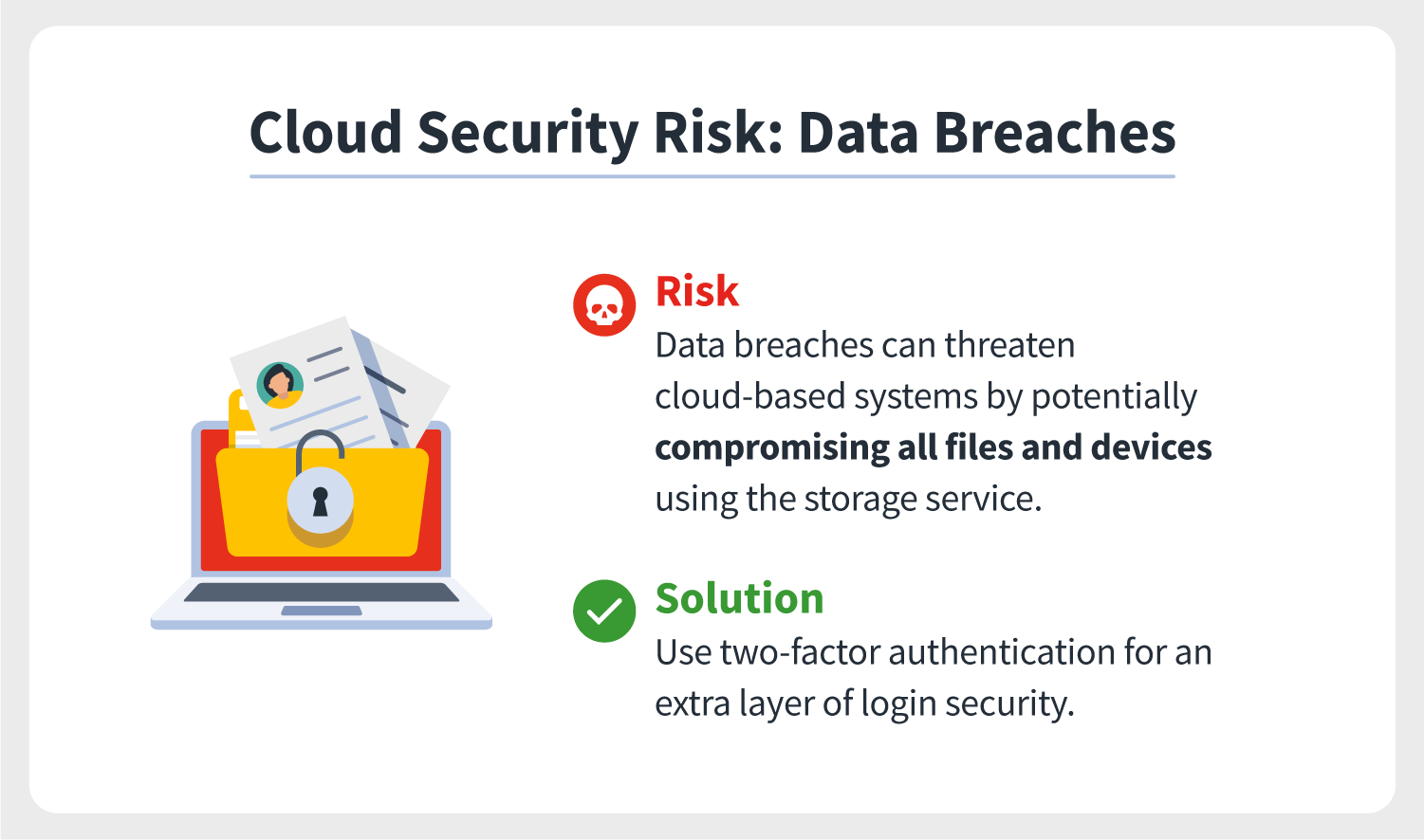 An illustration sits beside an explanation of how data breaches are among the most dangerous cloud security risks threatening private data today.