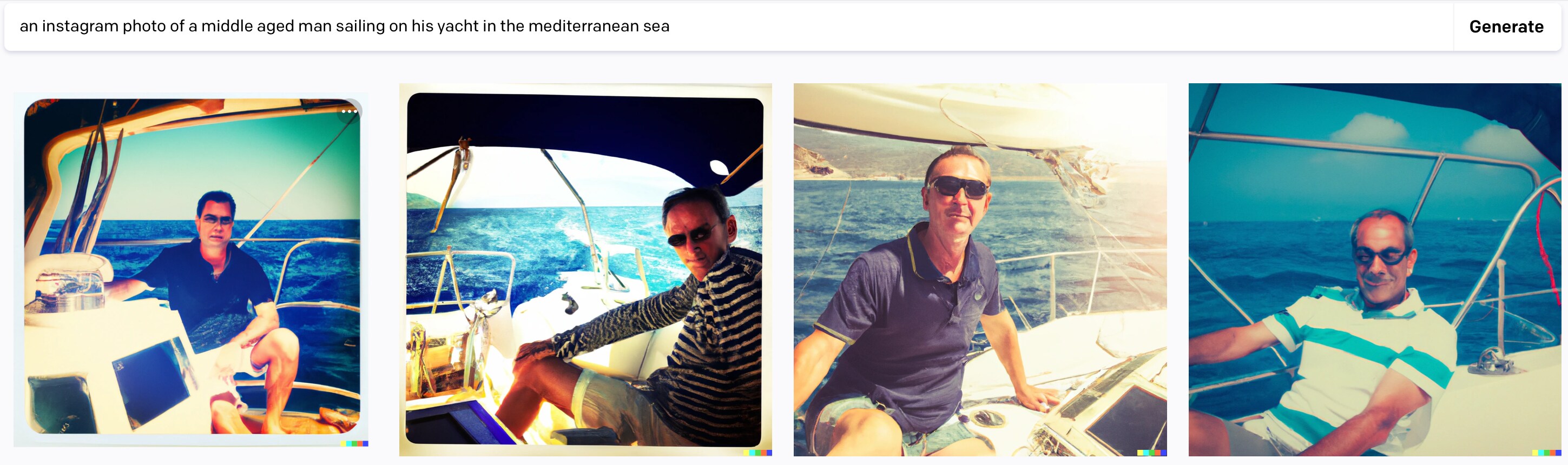 Machine generated images based on the text prompt “an instagram photo of a middle aged man sailing on his yacht in the mediterranean sea.” 