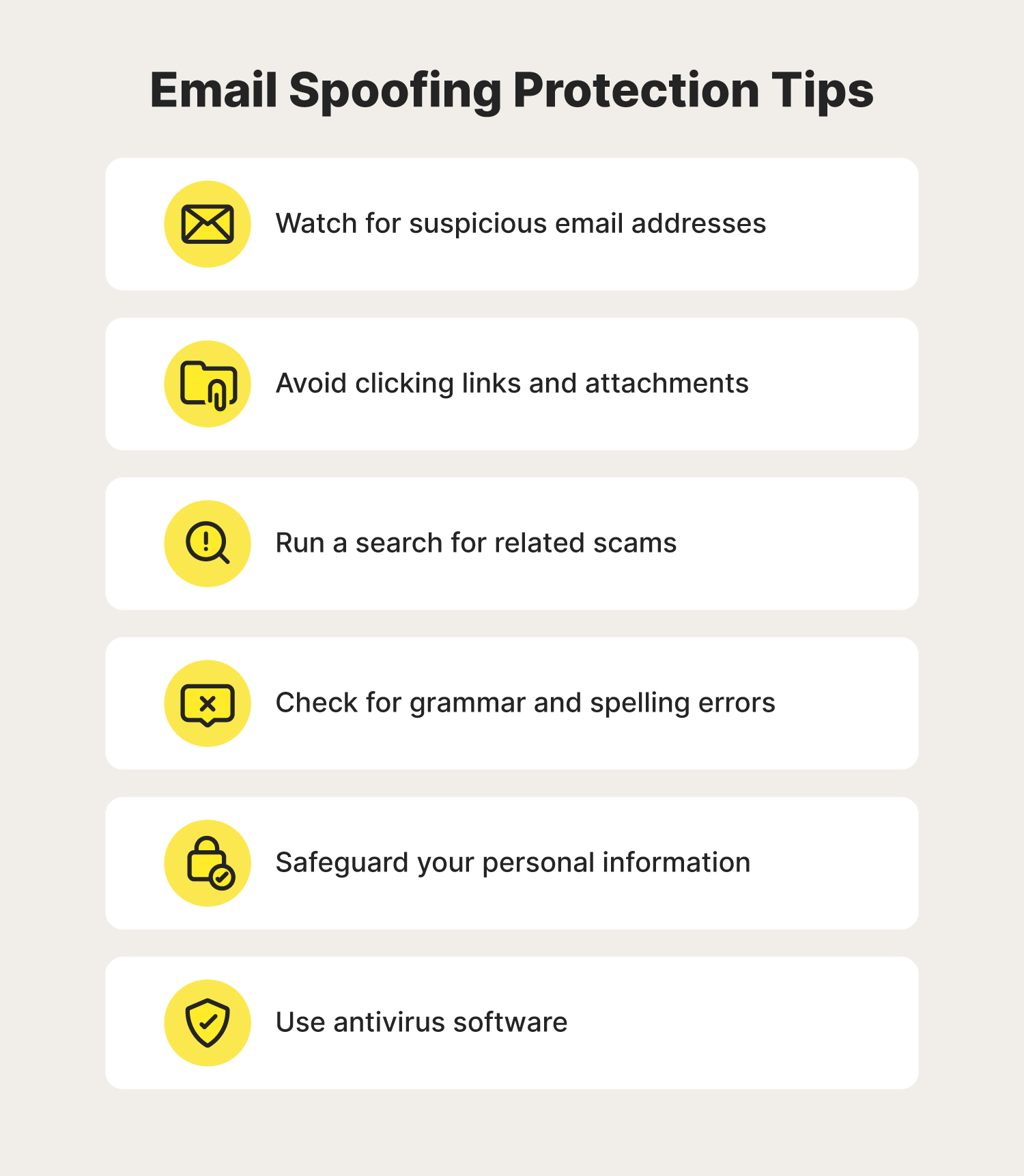 A graphic lists six cybersecurity tips to help protect against email spoofing.