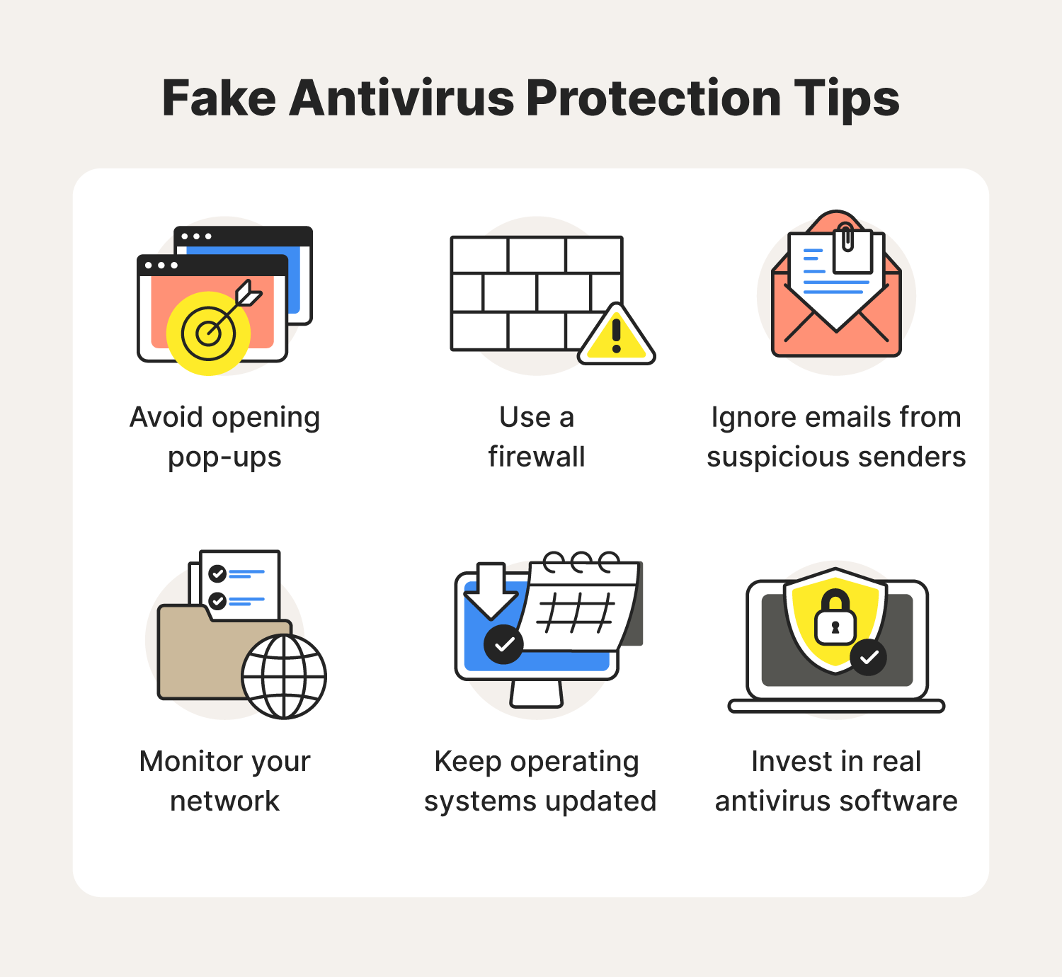 Six icons allude to helpful fake antivirus protection tips, informing you how to avoid fake antivirus software.
