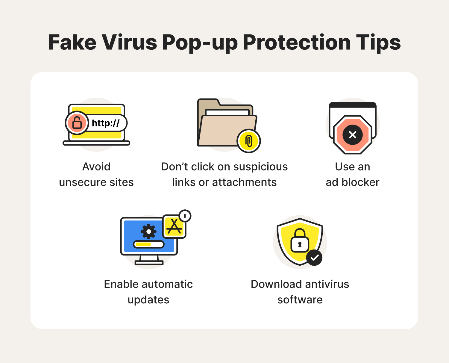 A graphic showcases five fake virus alert protection tips.
