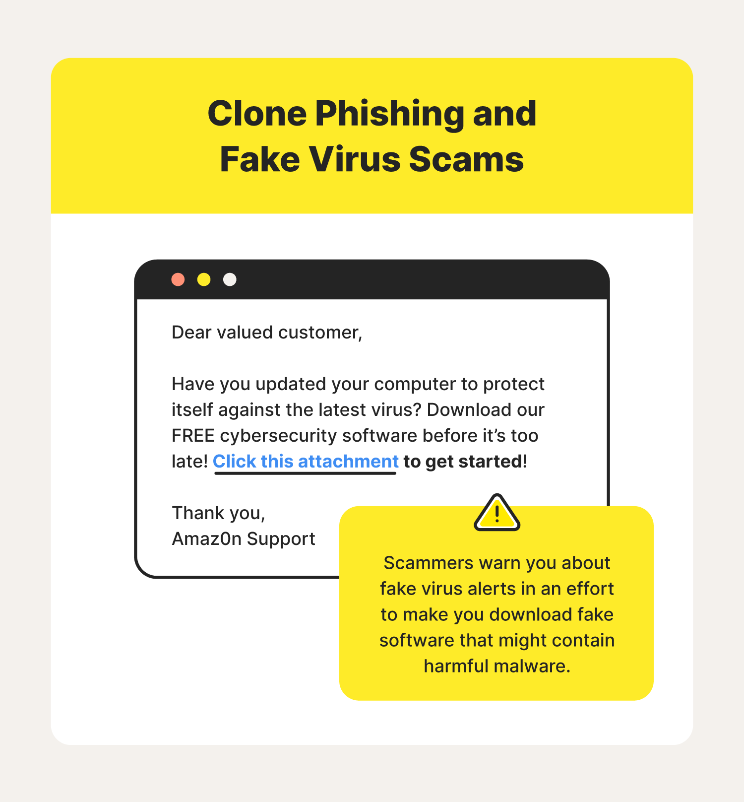 A graphic illustrates an example of a fake virus scam, a popular type of clone phishing.