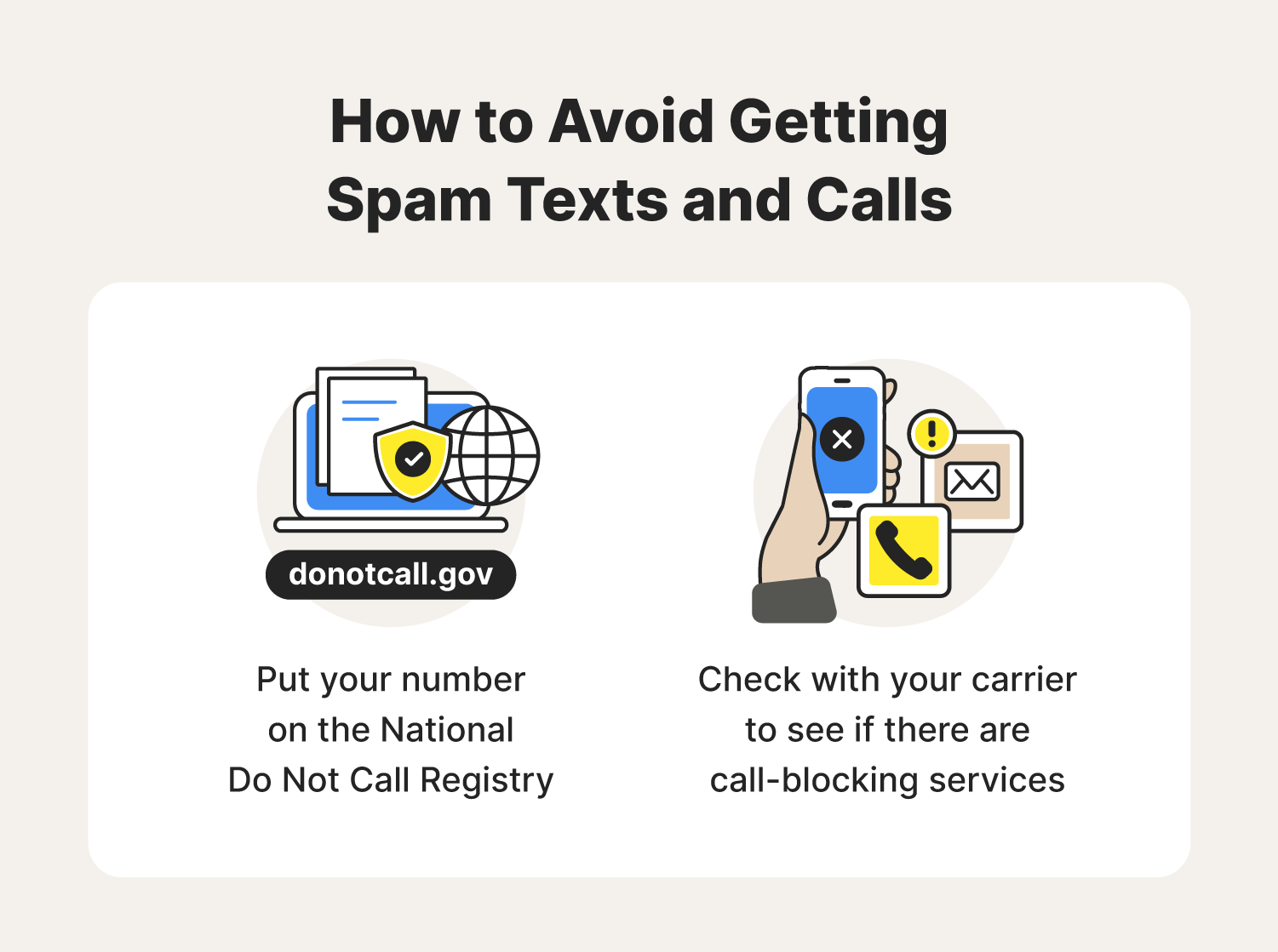 A graphic details how to stop spam texts by registering for the National Do Not Call Registry and utilizing call-blocking services.