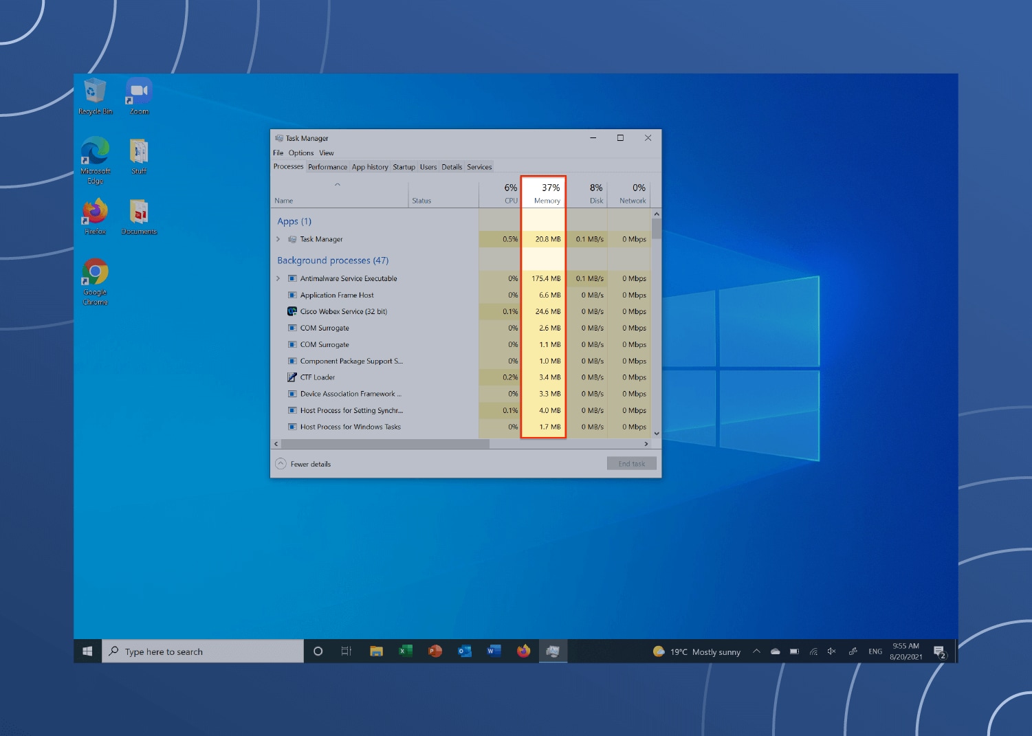 a Windows 10 desktop loads the “Task Manager” as a red rectangle marks the Memory column for tracking memory issues