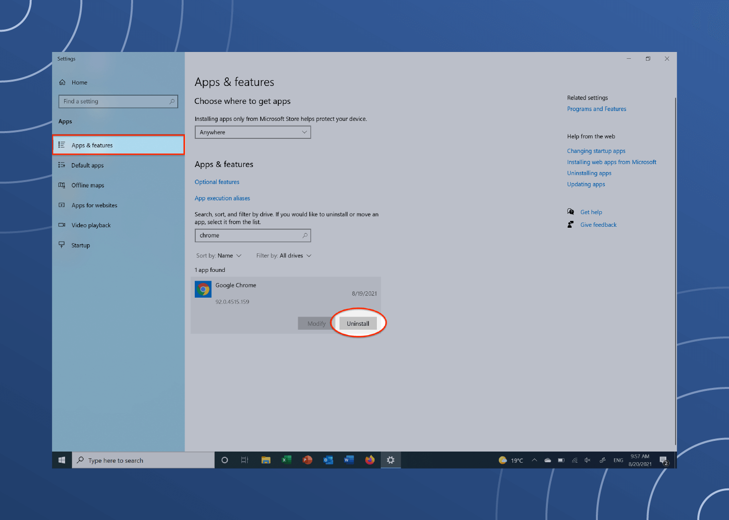 the Windows 10 “Apps & features” window is loaded with a red circle identifying how to uninstall unused programs