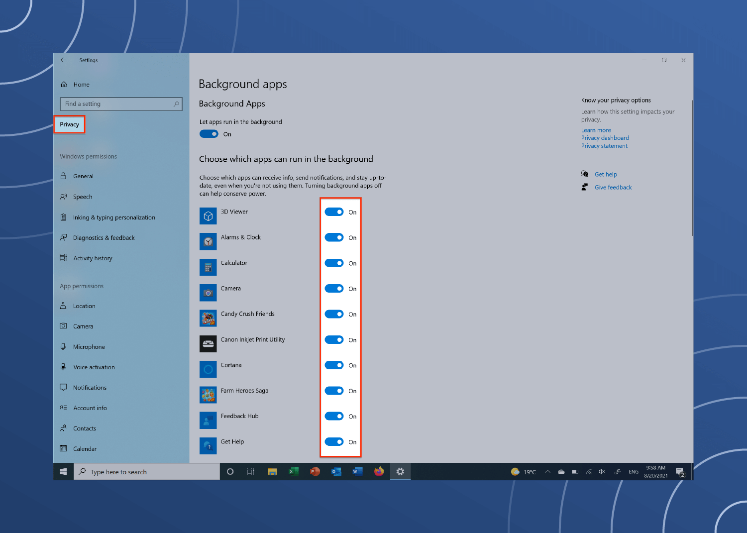 the Windows 10 “Background apps” window is loaded as red rectangles indicate how to disable background apps