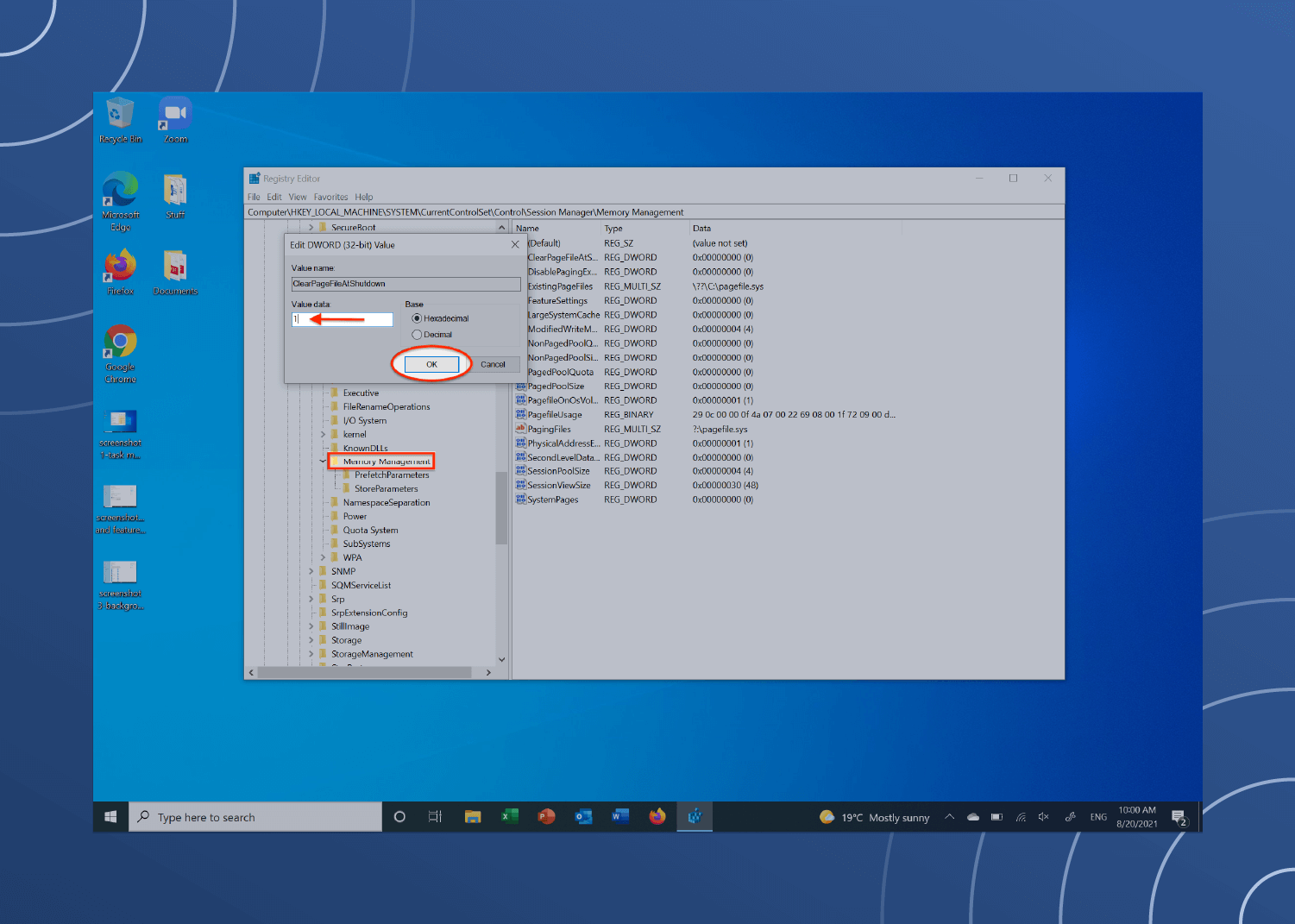 the Windows 10 “Registry Editor” is loaded on a desktop where red markings guide the user through the steps of clearing the Page File