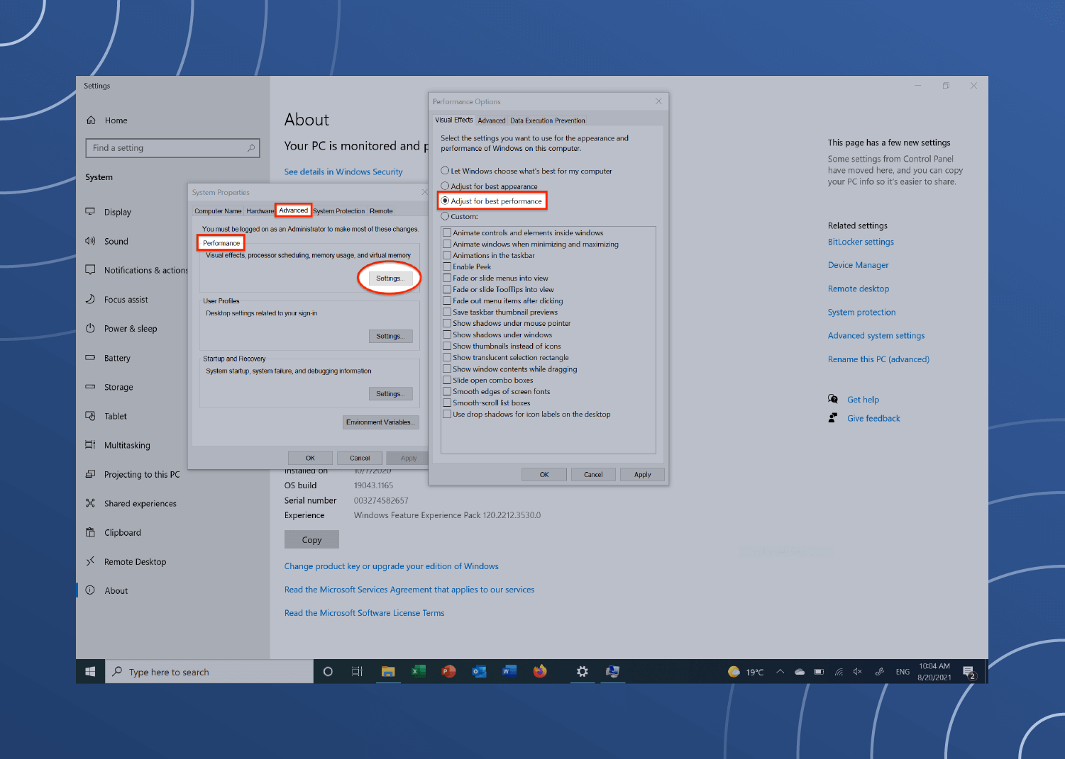the Windows 10 performance options are loaded on a desktop where red markings show how to adjust visuals for best performance