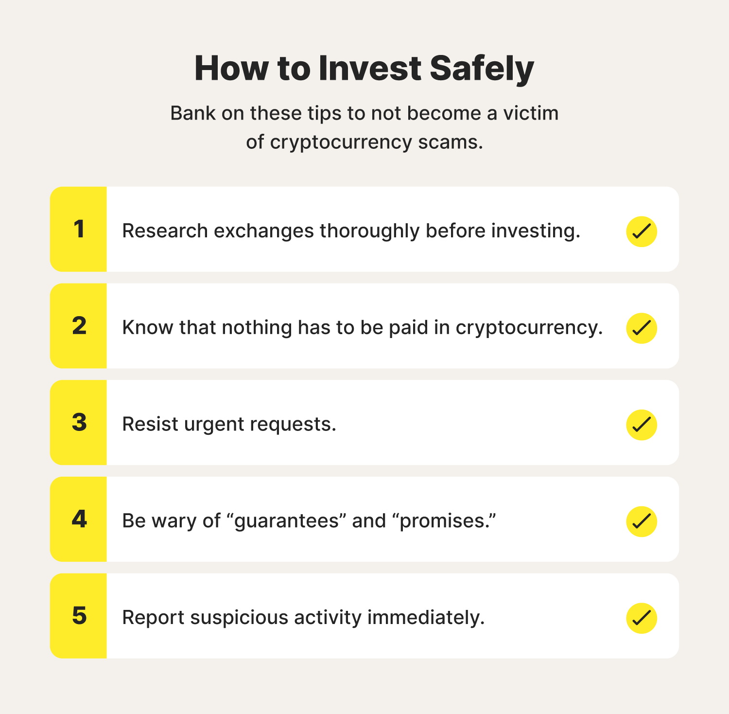 Five icons help list tips to help avoid cryptocurrency scams online.  