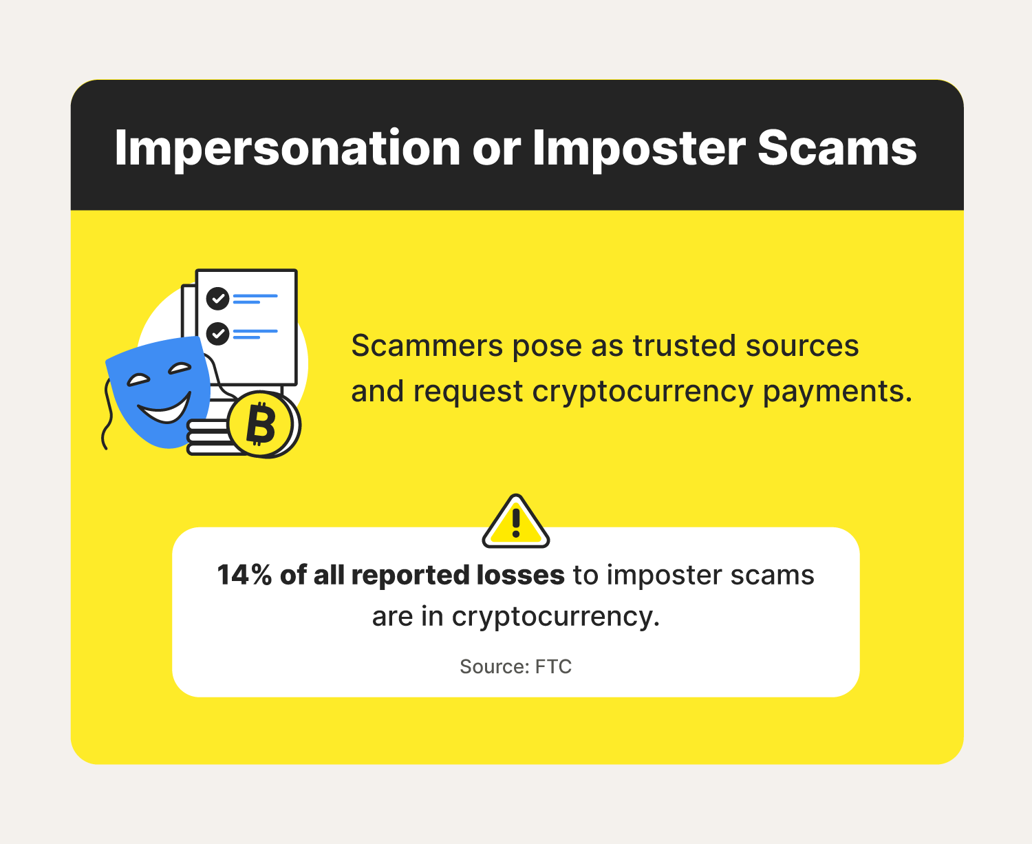 An illustration accompanies a description of impersonation cryptocurrency scams. 