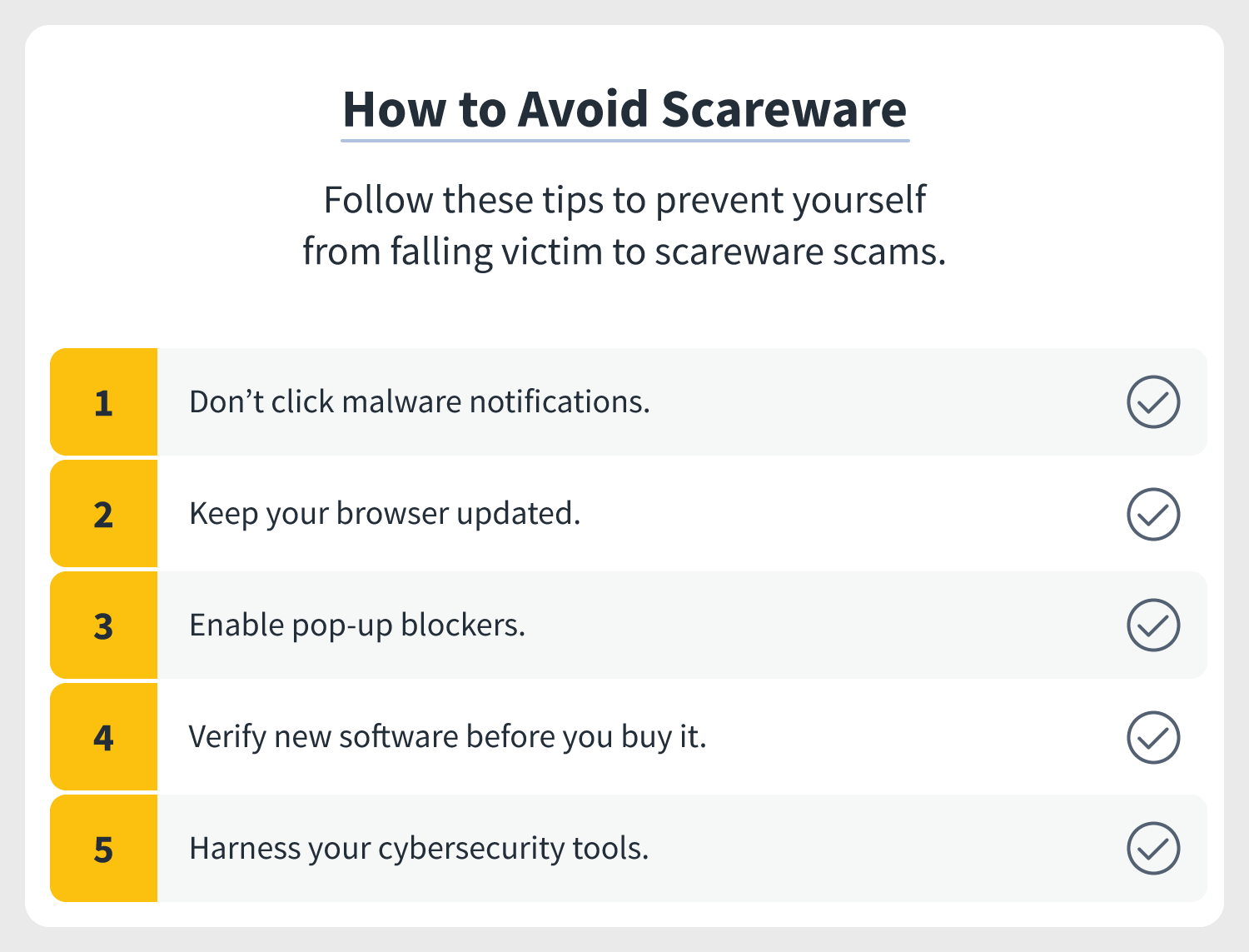 a checklist of 5 common tips to prevent yourself from falling victim to scareware scams