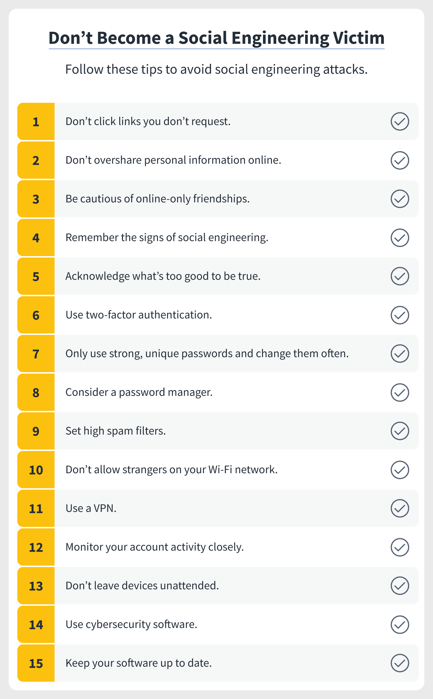 A checklist overviews 15 tips to avoid becoming a social engineering victim