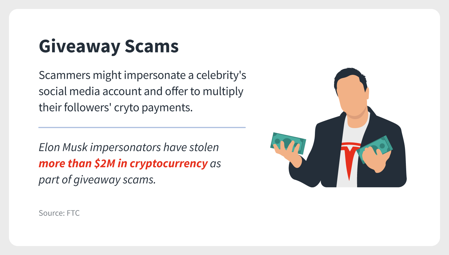 an explanation of giveaway cryptocurrency scams also includes an anecdote about Elon Musk impersonators stealing more than $2 million in cryptocurrency