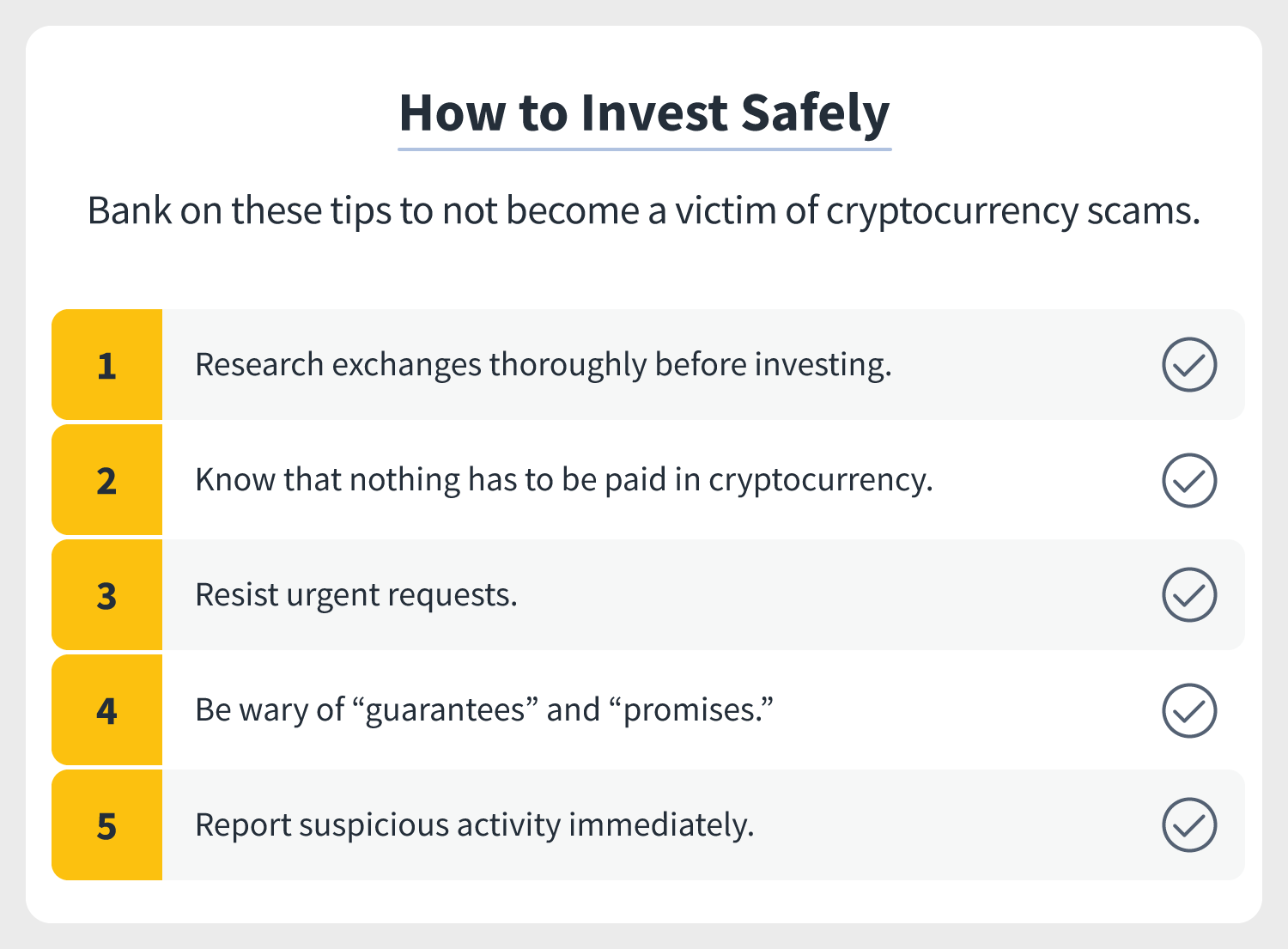 a checklist outlines five tips to invest safely in cryptocurrency and not become a cryptocurrency scam victim
