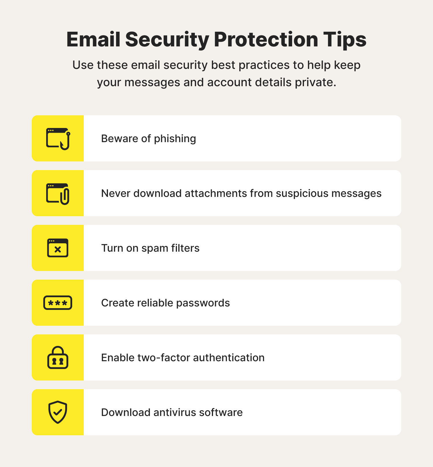 A checklist overviews six steps to level up your email security, including being aware of phishing, never downloading attachments from suspicious messages, turning on spam filters, creating reliable passwords, enabling 2FA, and downloading antivirus software.