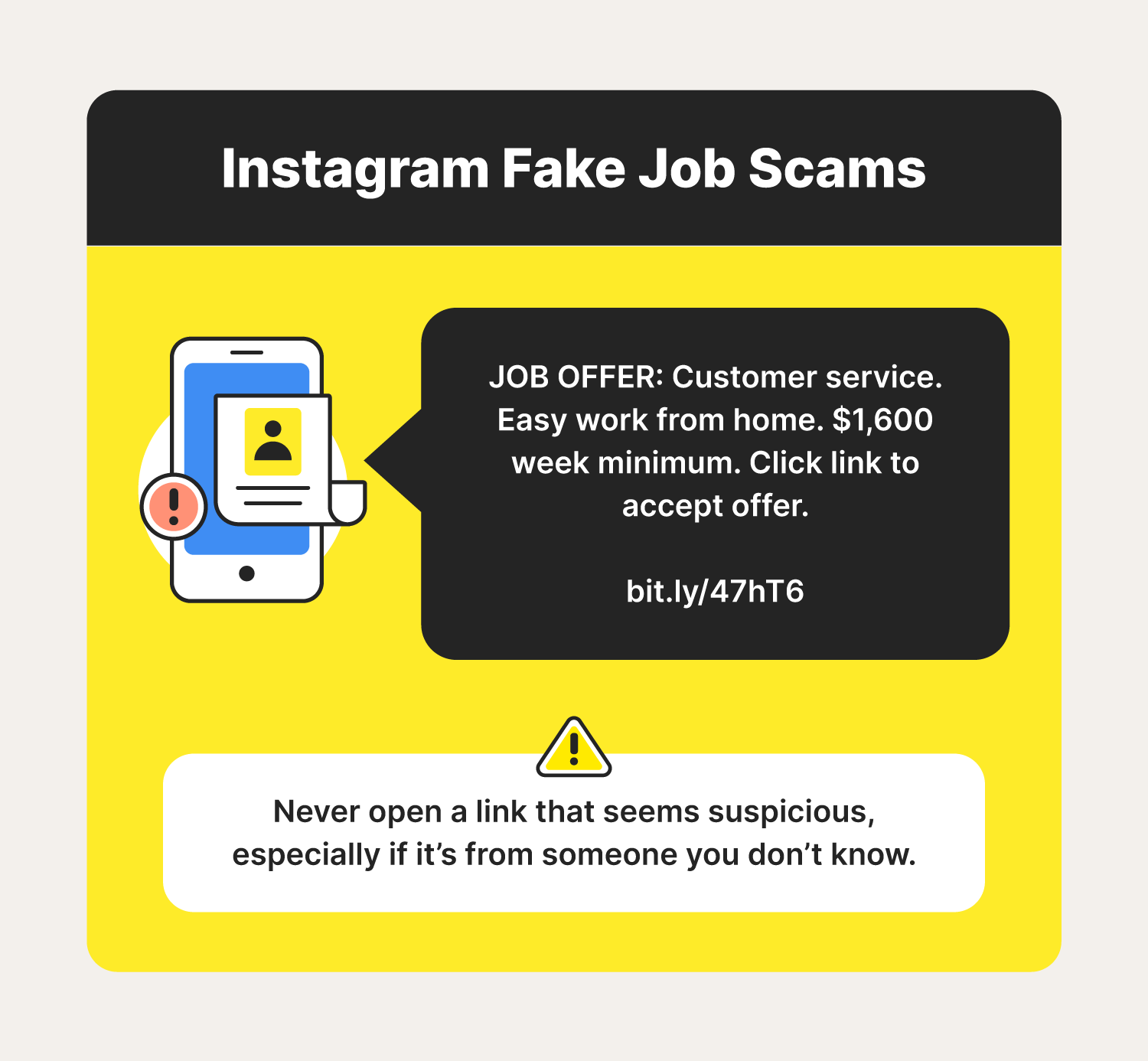 A graphic showcases a direct message promoting a fake job posting, a common Instagram scam. 