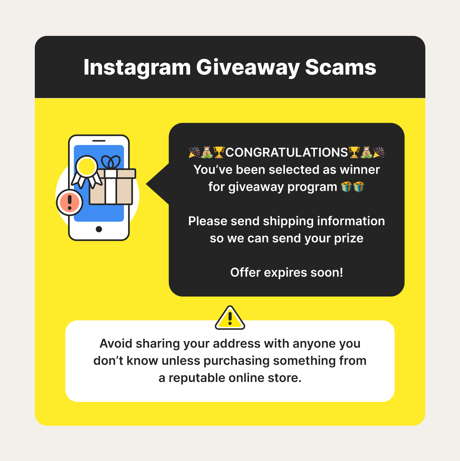 A graphic showcases a direct message promoting a fake giveaway, a common Instagram scam. 