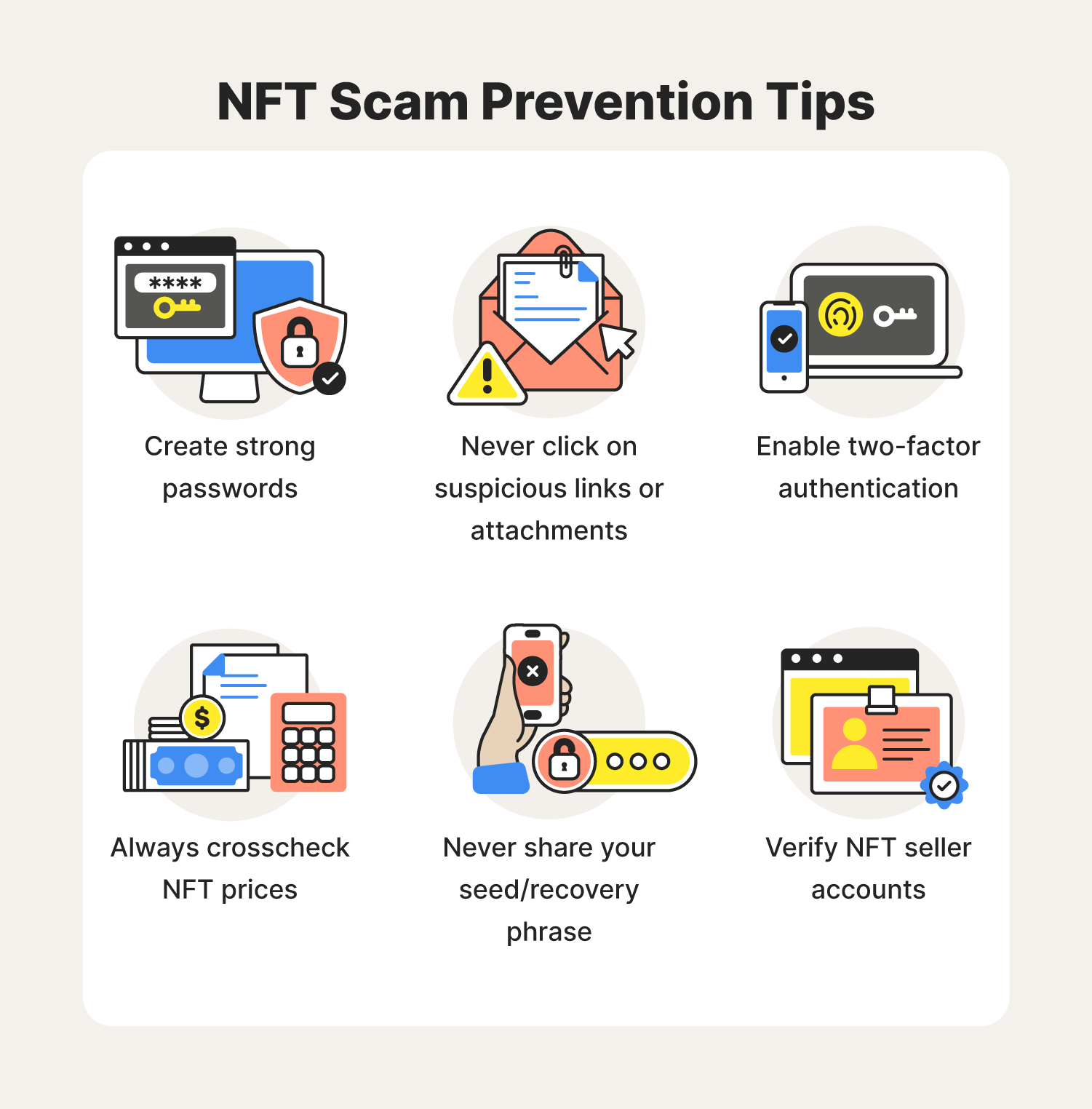  Six illustrations accompany the tips that can help you avoid the NFT scams deceiving unsuspecting crypto users. 