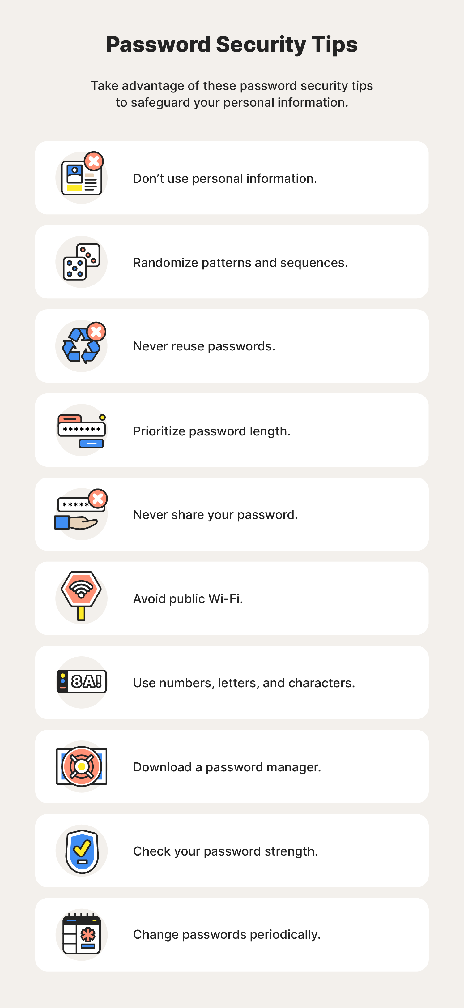 Ten illustrations accompany password security tips that can help people protect themselves from cybersecurity threats.