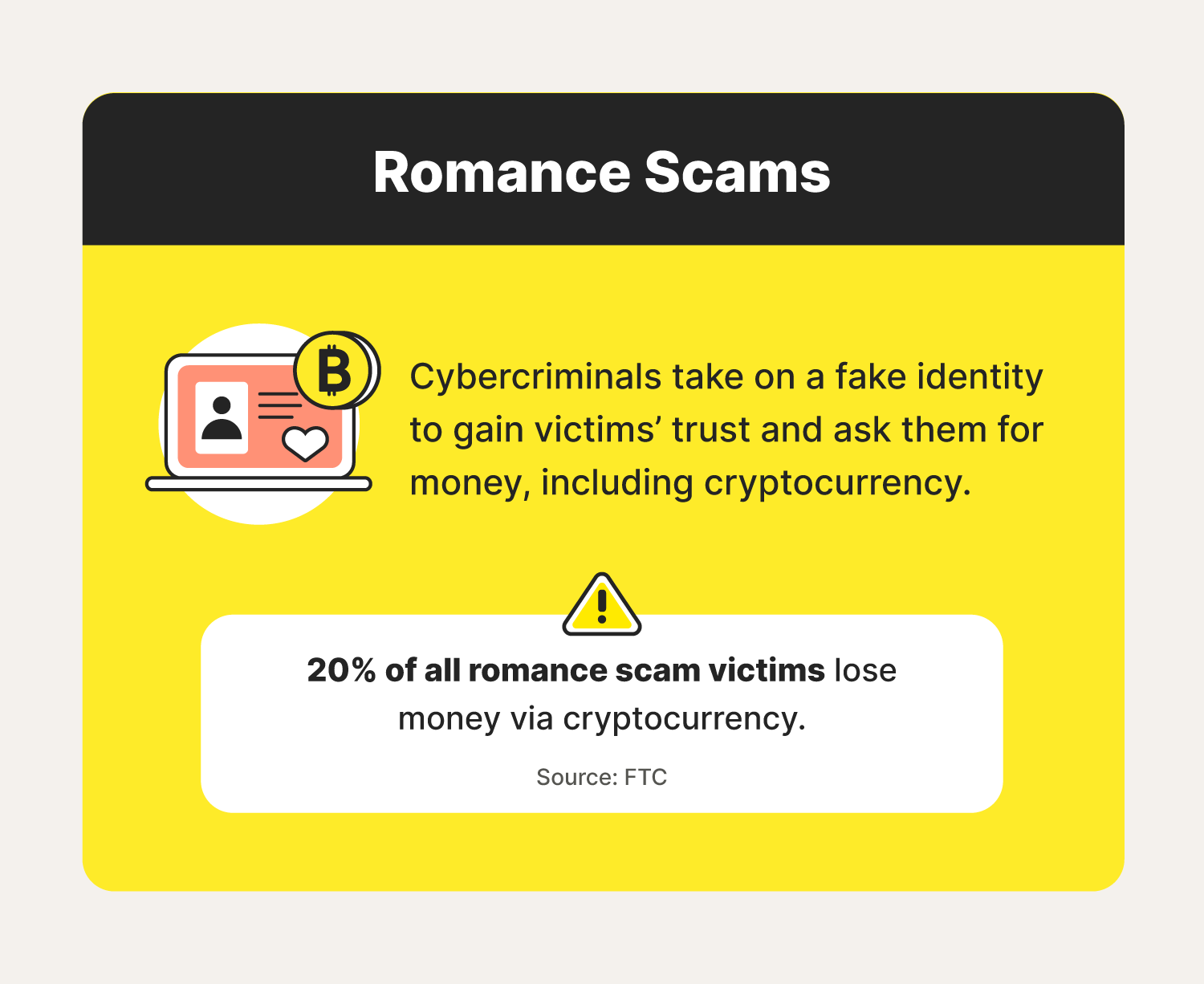 An illustration accompanies a description of romance cryptocurrency scams. 