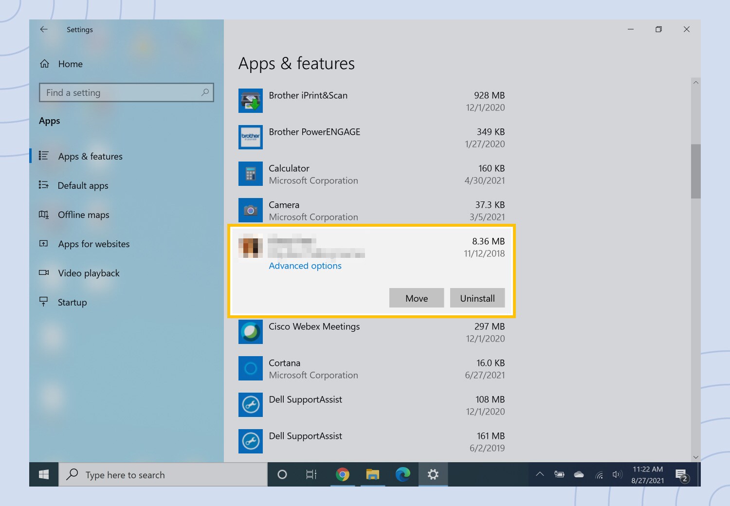 Screenshot of the Apps and Features window on a Windows device 