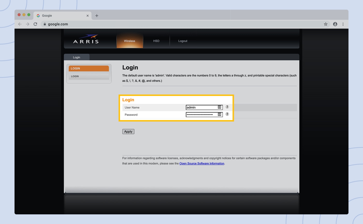 a screenshot of a login page illustrates the second step of how to set up a guest network, meaning logging into your internet network as an administrator