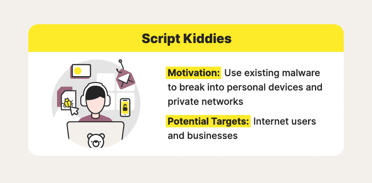 An illustration accompanies a script kiddie definition, explaining why they are one of the types of hackers to look out for. 