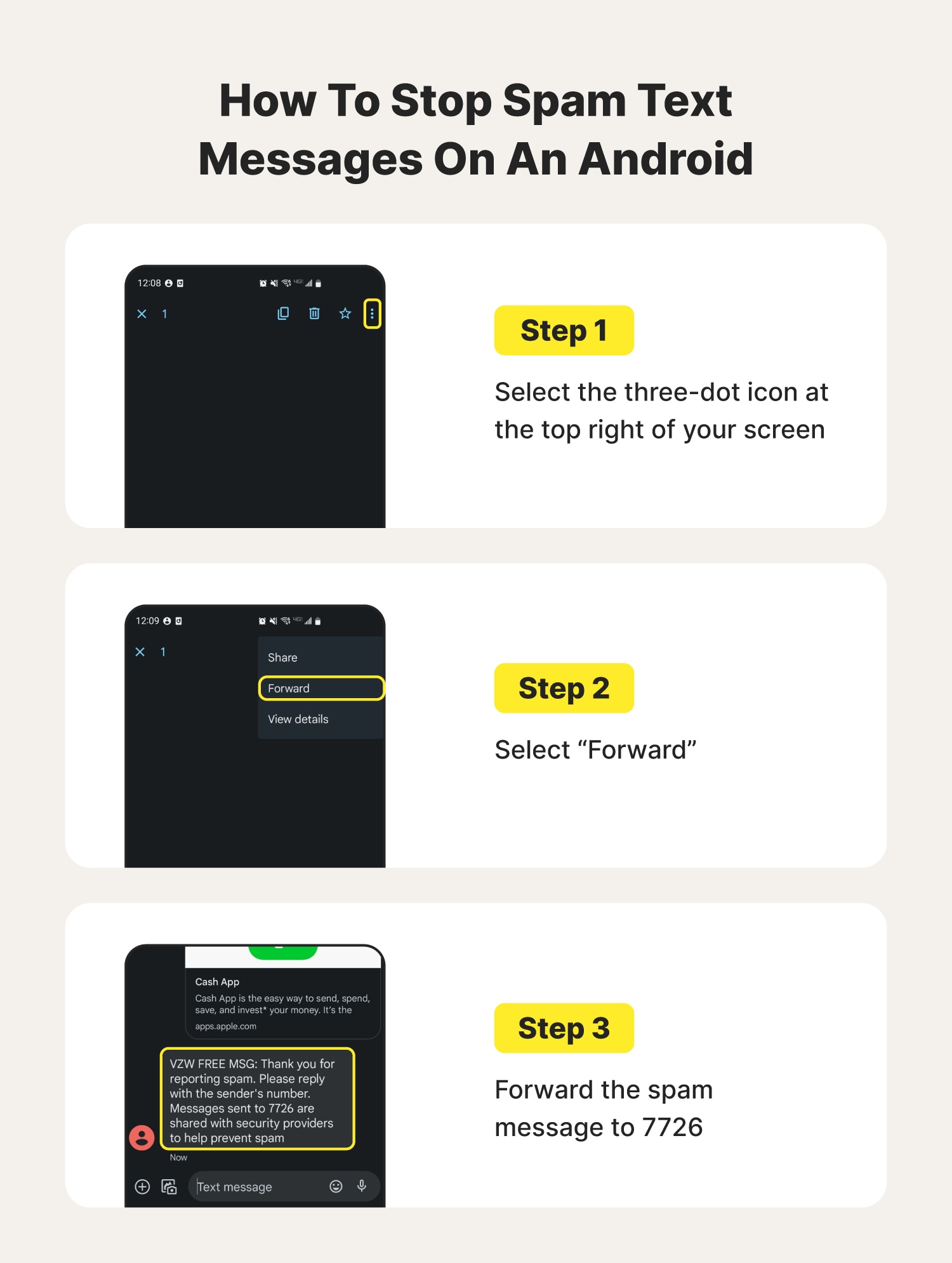 A graphic details how to stop spam texts on an Android by listing out how to report suspicious messages to 7726.