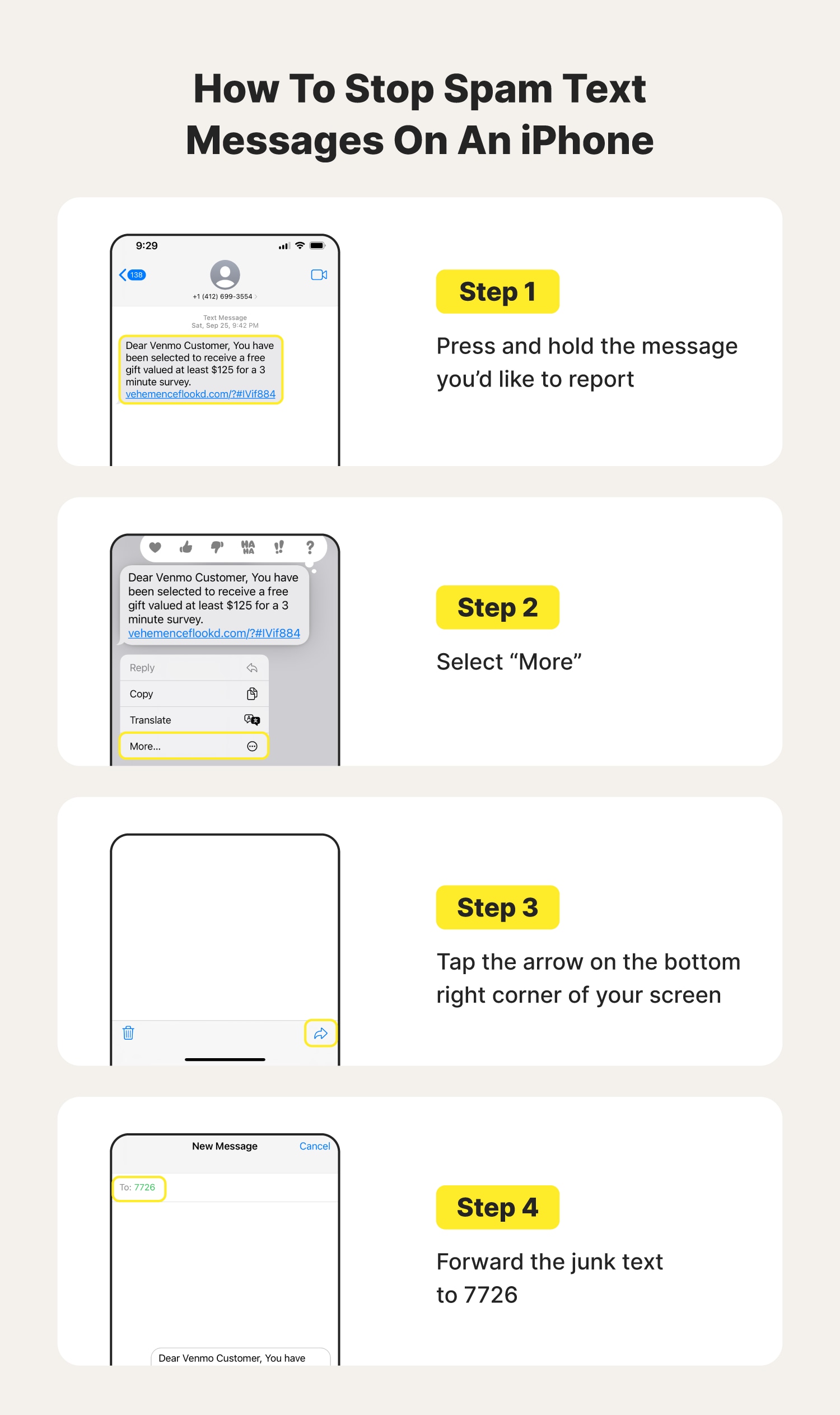 A graphic details how to stop spam texts on an iPhone by listing out how to report suspicious messages to 7726.