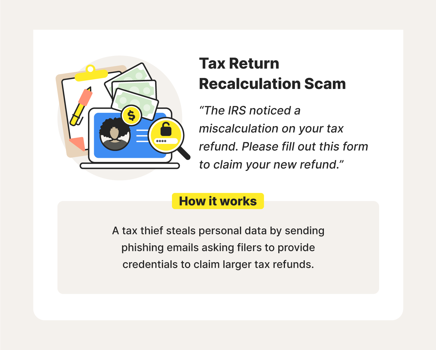 An illustration accompanies an explanation of how a tax return recalculation scam works to show the true dangers of IRS scams.