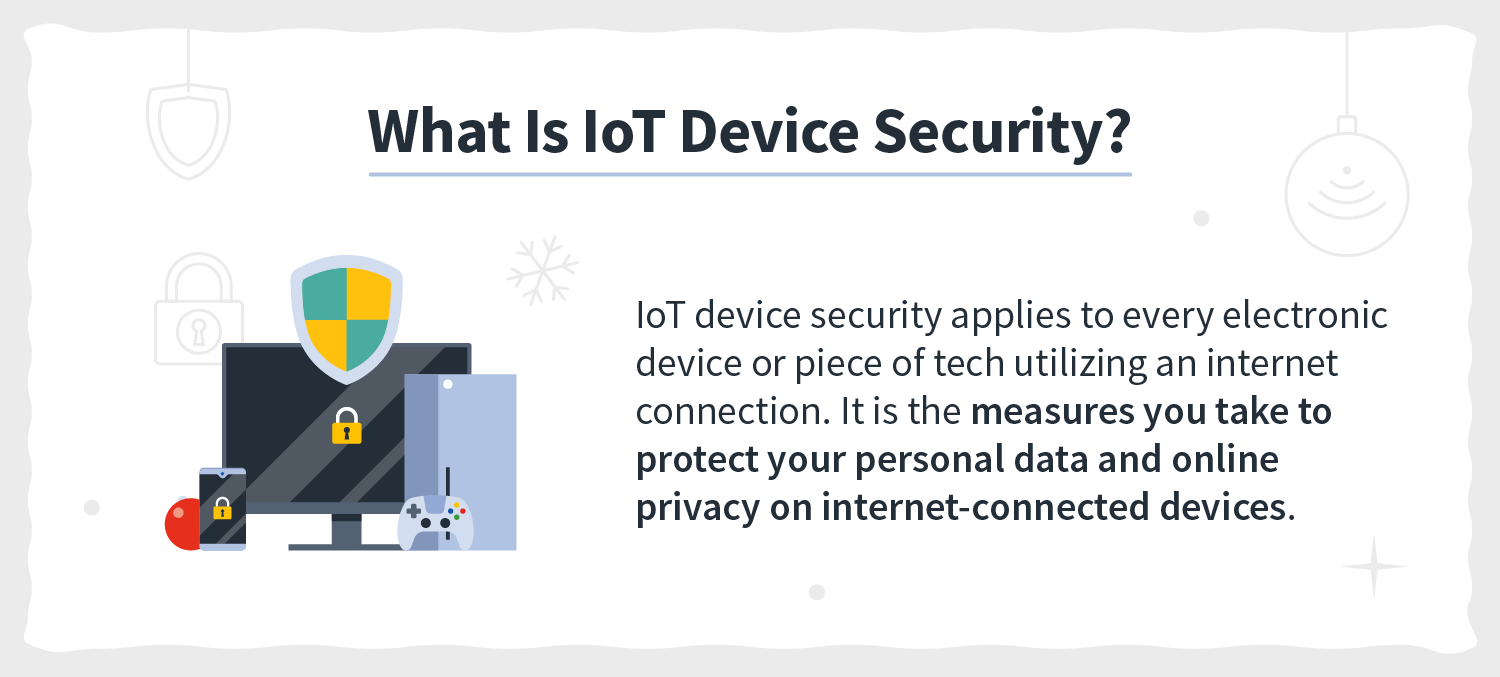 The definition of IoT device security is paired with IoT devices, including a desktop, smartphone, and gaming console. 
