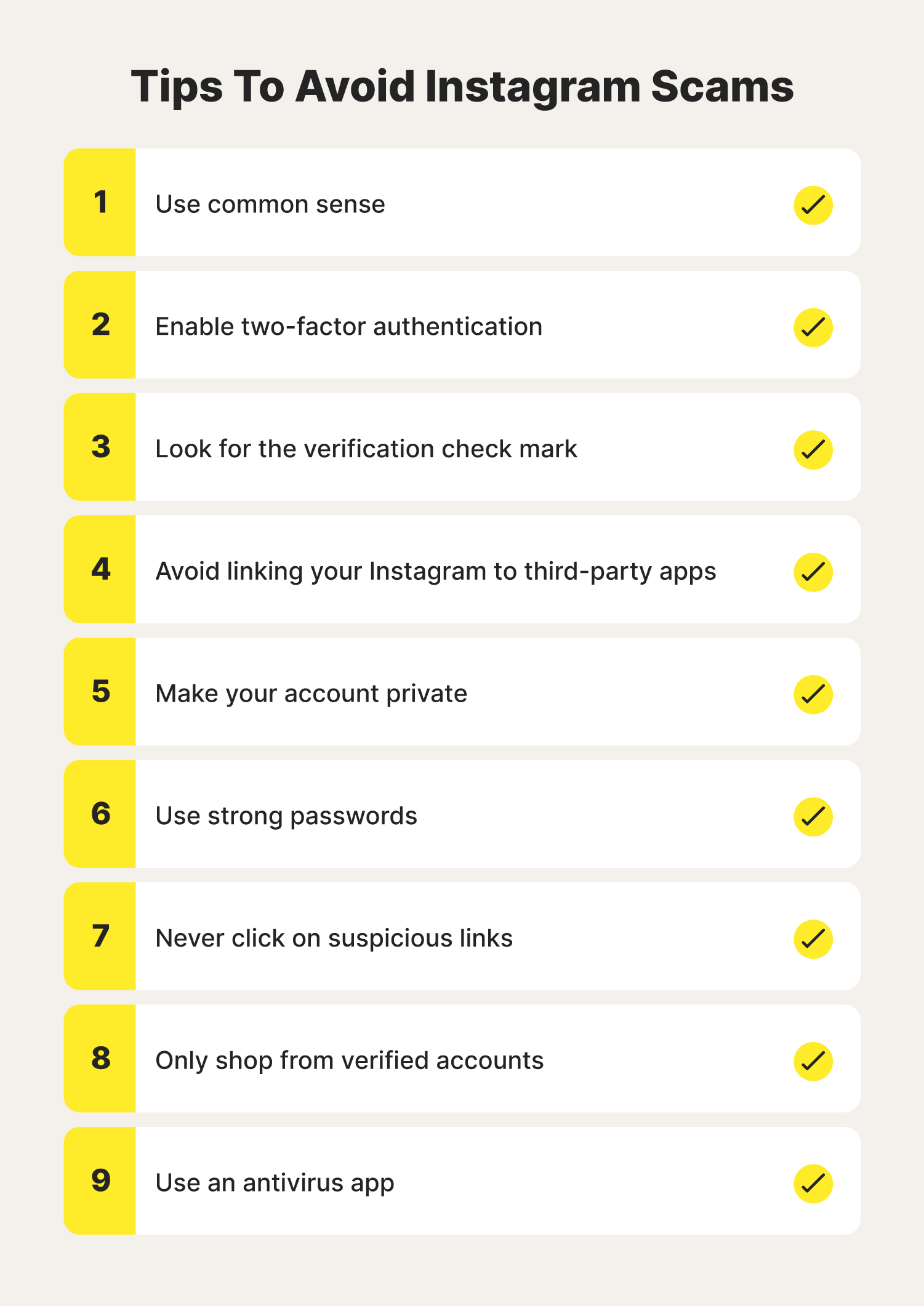 A graphic lists nine steps to help avoid Instagram scams online.