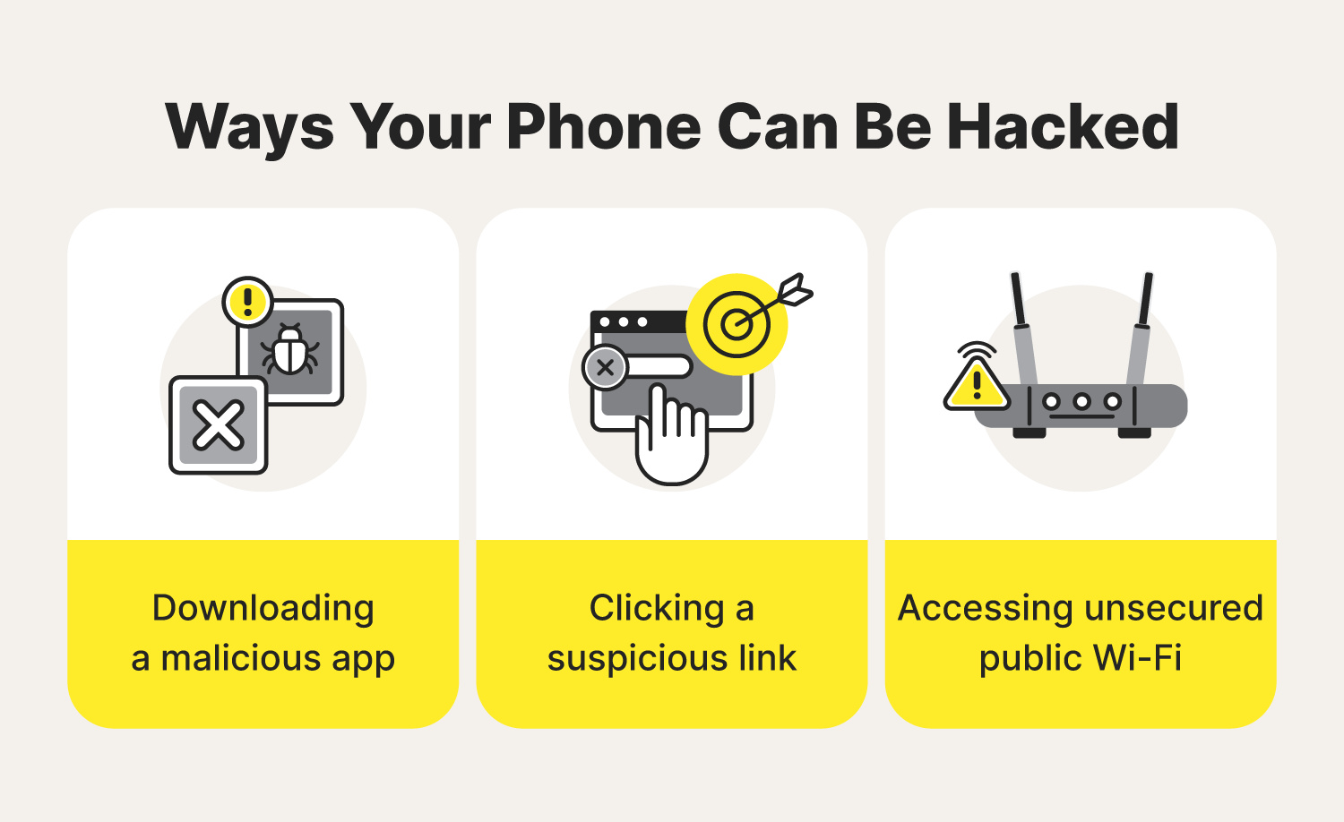 Three illustrations highlight hacking methods to be aware of when learning how to know if your phone is hacked.
