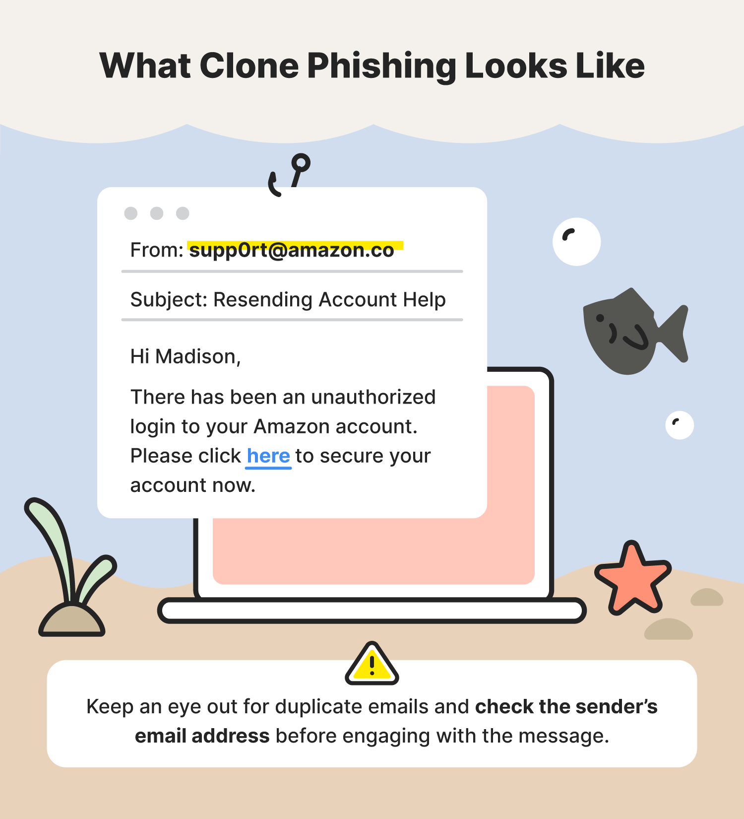 A graphic shows an example of clone phishing, one of the common types of phishing attacks.