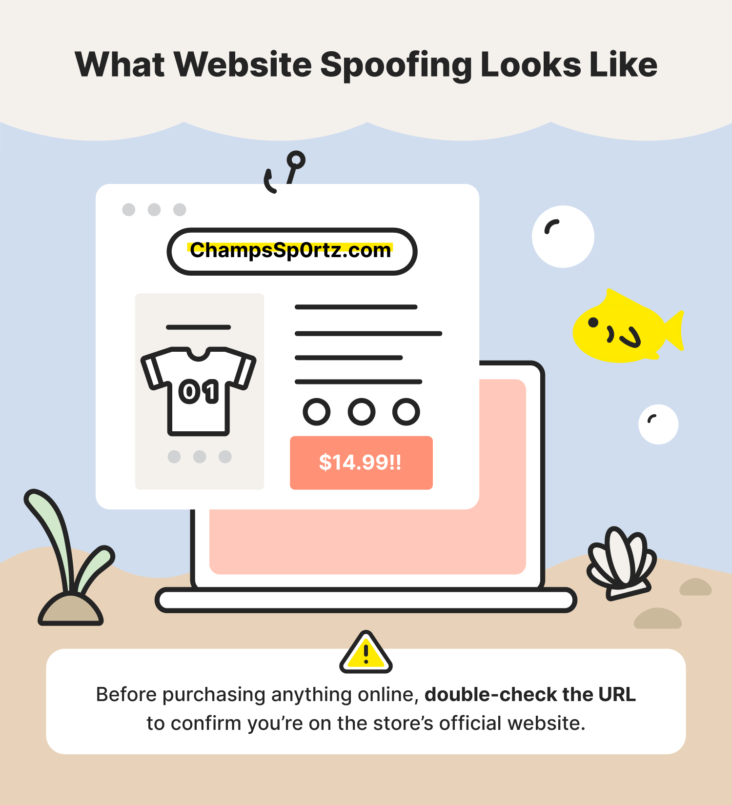 A graphic shows an example of website spoofing, one of the common types of phishing attacks.